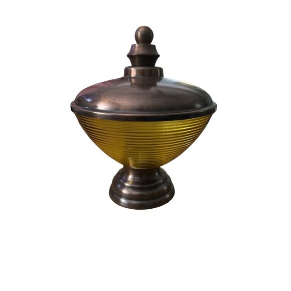 Vintage Mid Century Modern Glass Metal Candy Dish Large 7.5" Diameter Yellow Brn - Picture 2 of 11